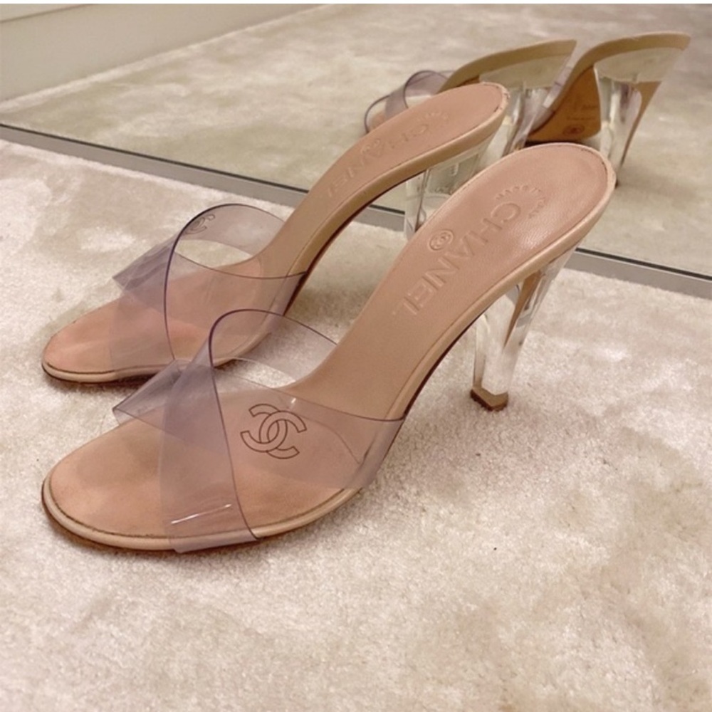 chanel 38.5 cc logo clear pvc strappy heels sandals